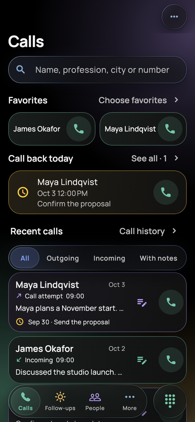 Callmory Calls screen: search by name, profession, city or number; favorites; a call-back due today with its reason; recent calls with your own notes